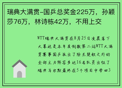 瑞典大满贯-国乒总奖金225万，孙颖莎76万，林诗栋42万，不用上交